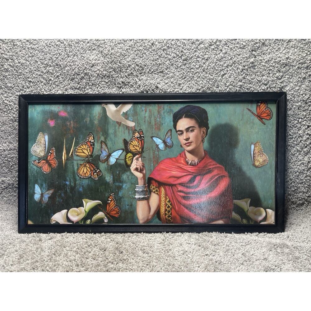 Frida Kahlo Art Print in Wooden Frame Artwork With Butterflies Modern Pop Decor